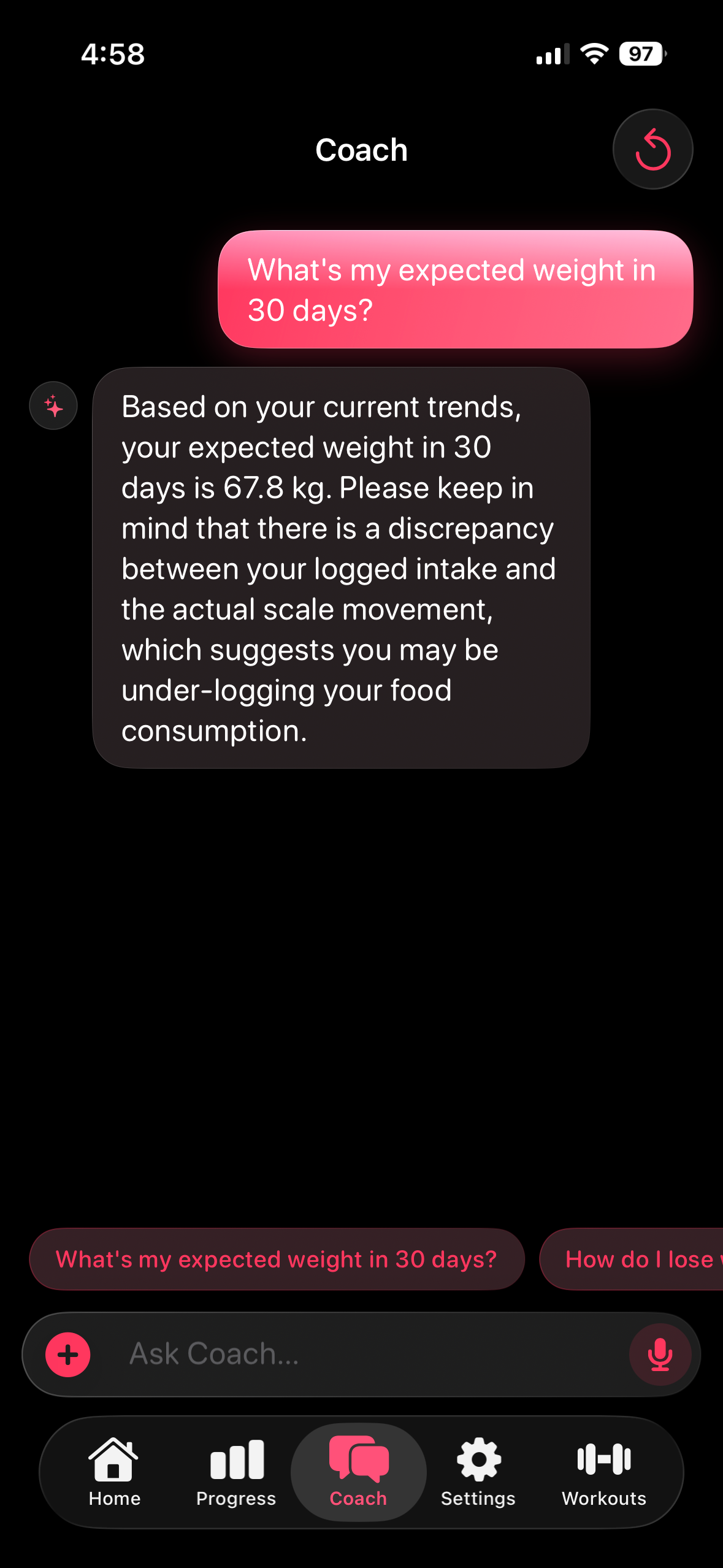 Hondo CalFit Tracker coach chat for nutrition and weight questions