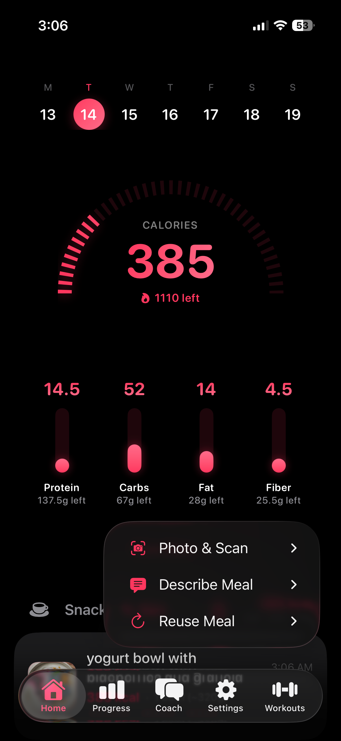 Hondo CalFit Tracker grouped logging menu with Photo and Scan, Describe Meal, and Reuse Meal
