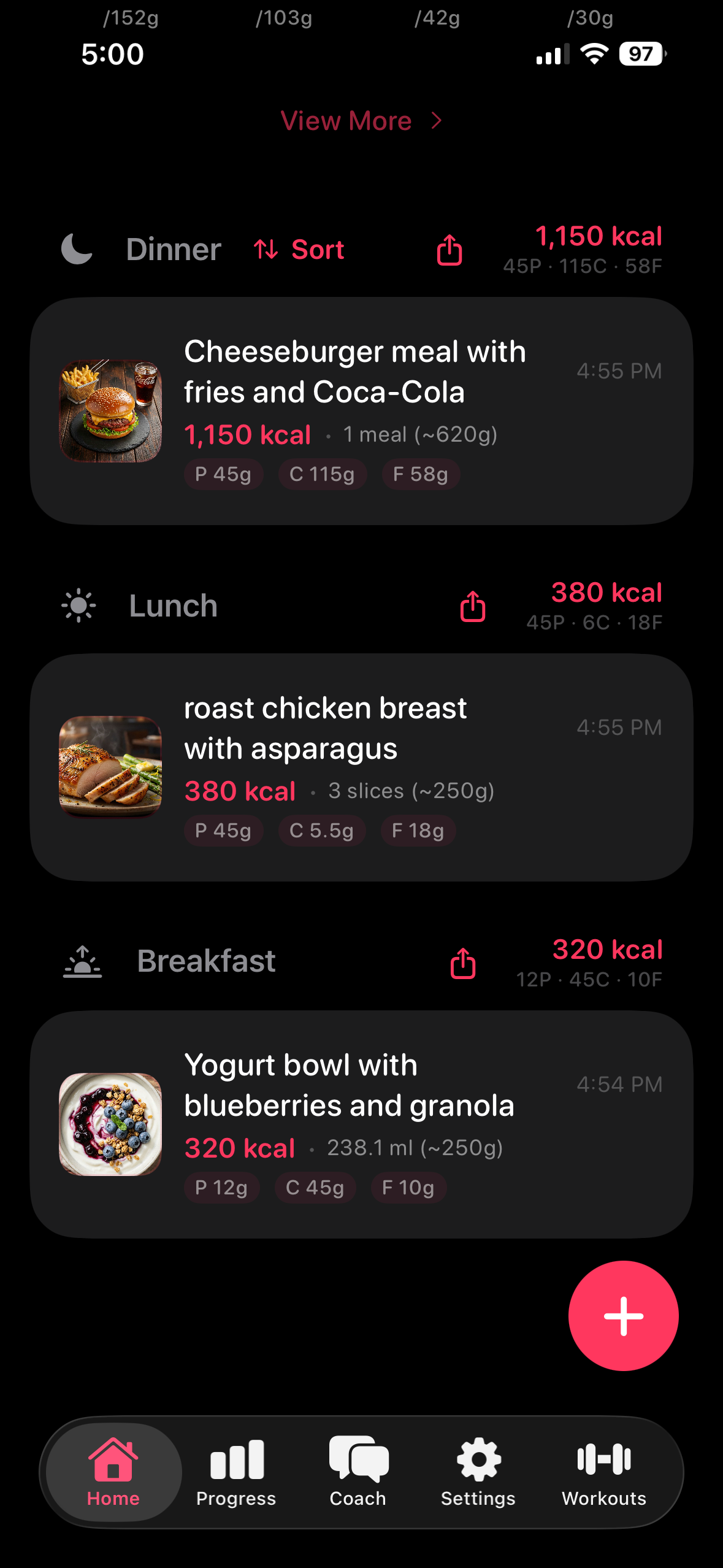 Hondo CalFit Tracker food log with meal entries and nutrition totals