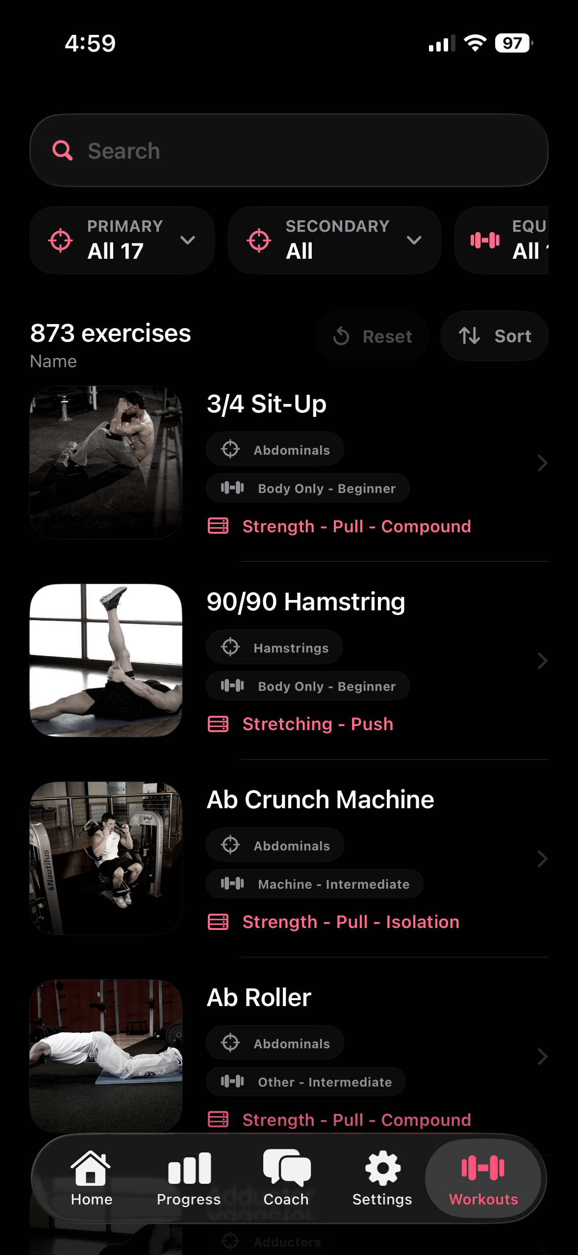Hondo CalFit Tracker workout exercise library with muscle and equipment filters
